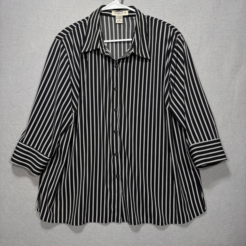 Notations Woman Shirt Womens 1X Black White Striped Button Up Shoulder Pads